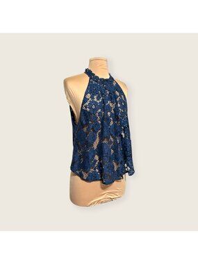 Free People Lace Top L Navy Sweet Meadow Dreams High Neck Sheer EUC